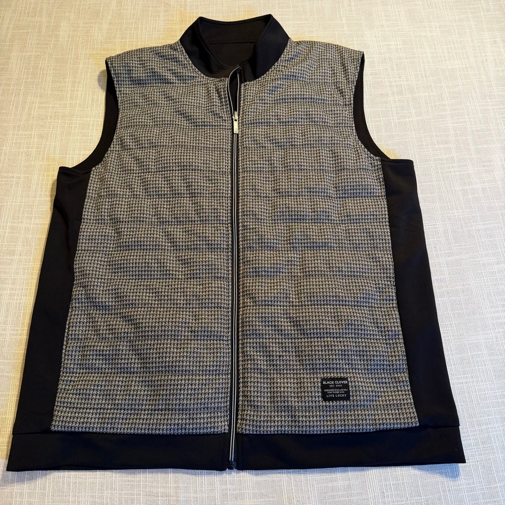 Black Clover Reversible Houndstooth Quilted Vest Black Grey Full Zip Mens XL